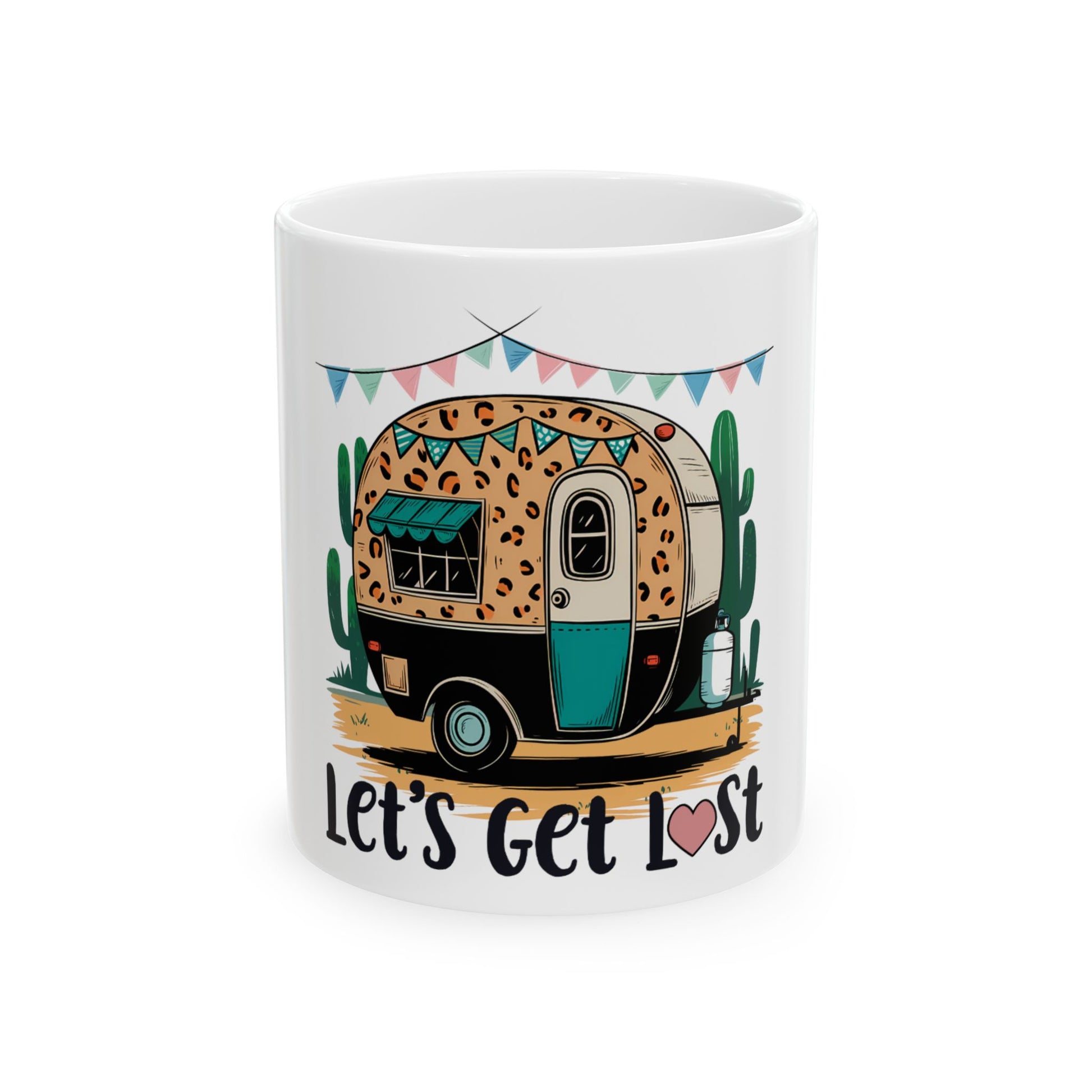 Camper with cactus and "Let's Get Lost" text on a white mug.