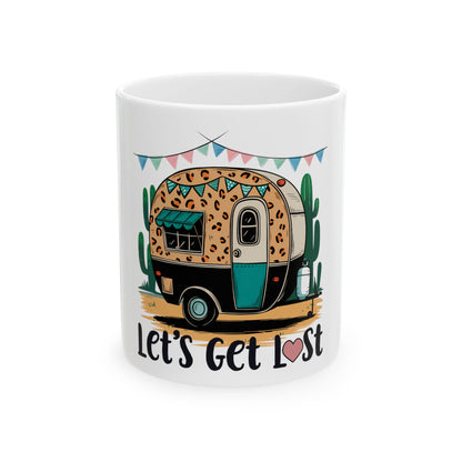 Camper with cactus and "Let's Get Lost" text on a white mug.