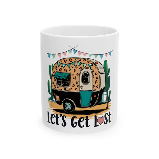 Camper with cactus and "Let's Get Lost" text on a white mug.