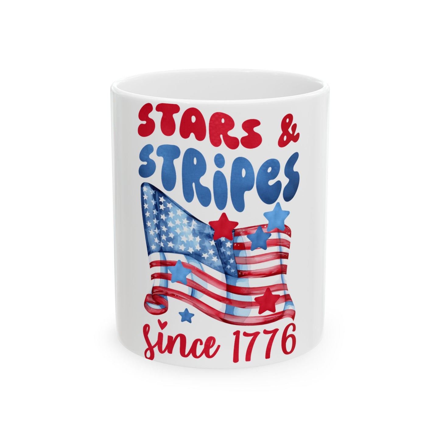 Mug with "Stars & Stripes Since 1776" and American flag design.