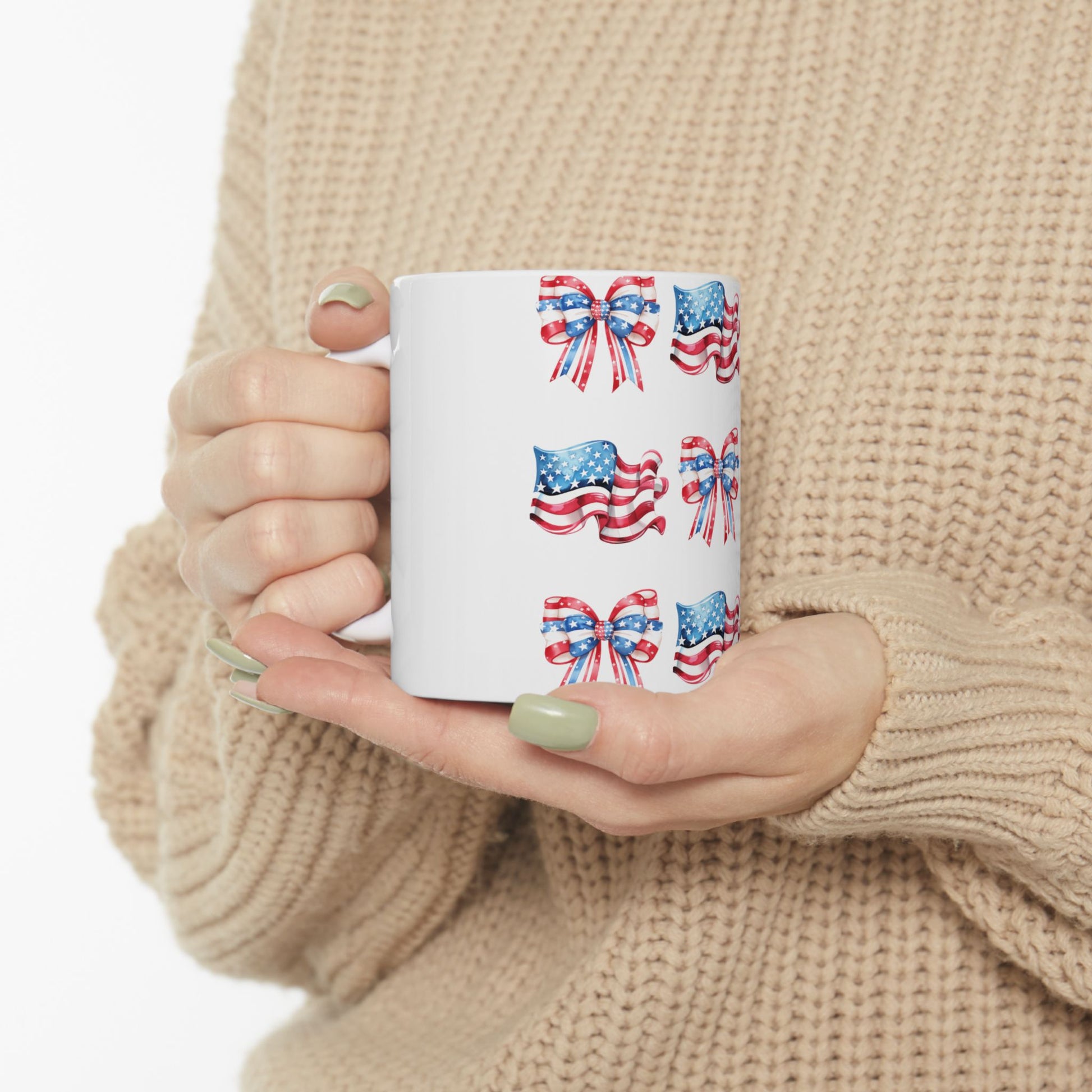 White mug with patriotic American flag bow pattern.