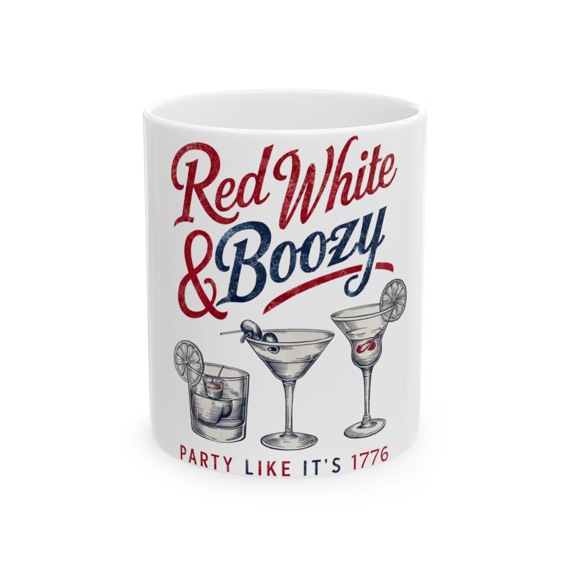 Red White & Boozy party mug with three illustrated cocktails.