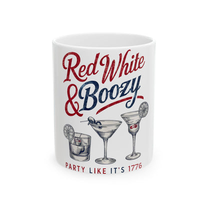 Red White & Boozy party mug with three illustrated cocktails.