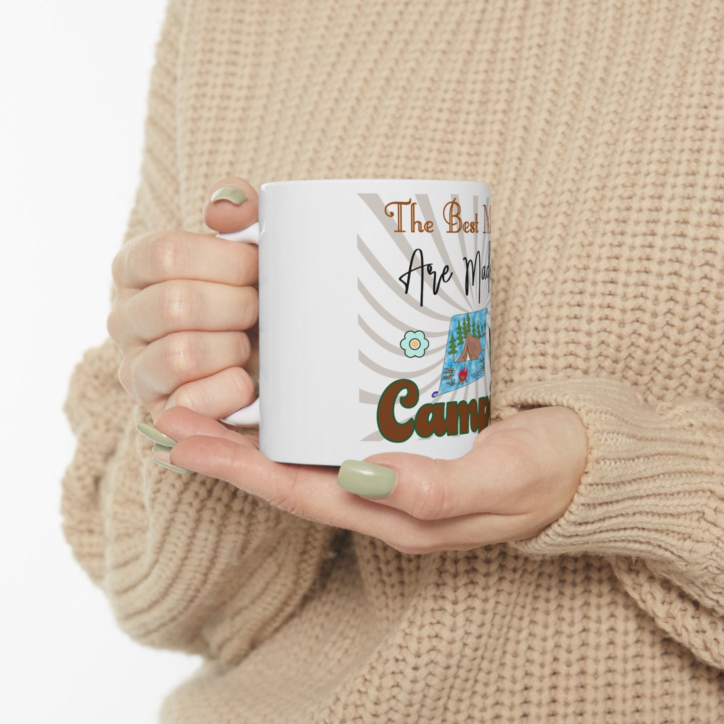 White mug with "The Best Memori," "Are Mad" and "Camp" text, and camping graphics.