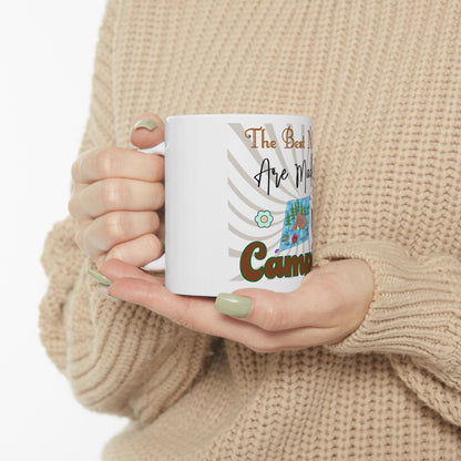 White mug with "The Best Memori," "Are Mad" and "Camp" text, and camping graphics.