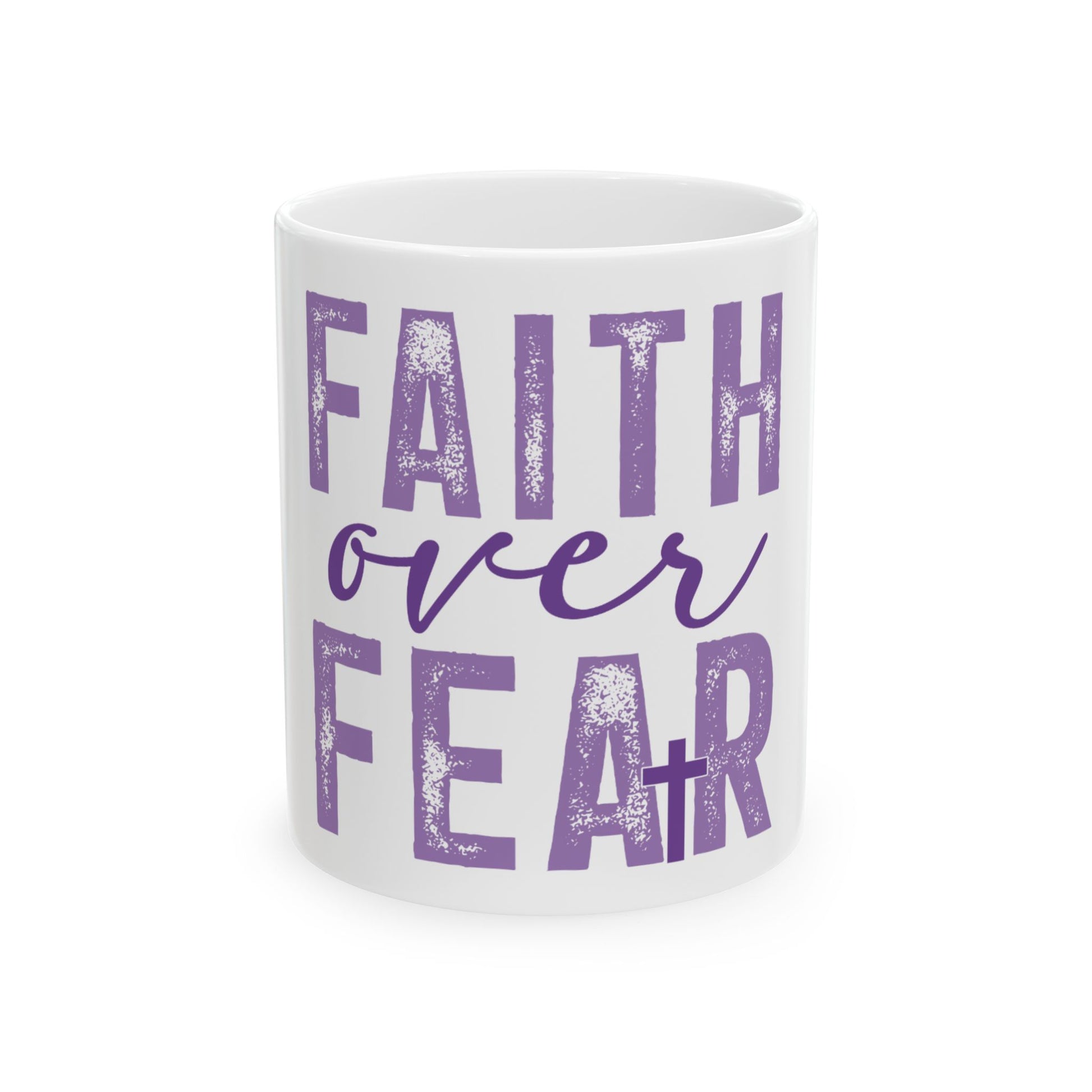 White mug with "FAITH over FEAR" and a cross in purple text.