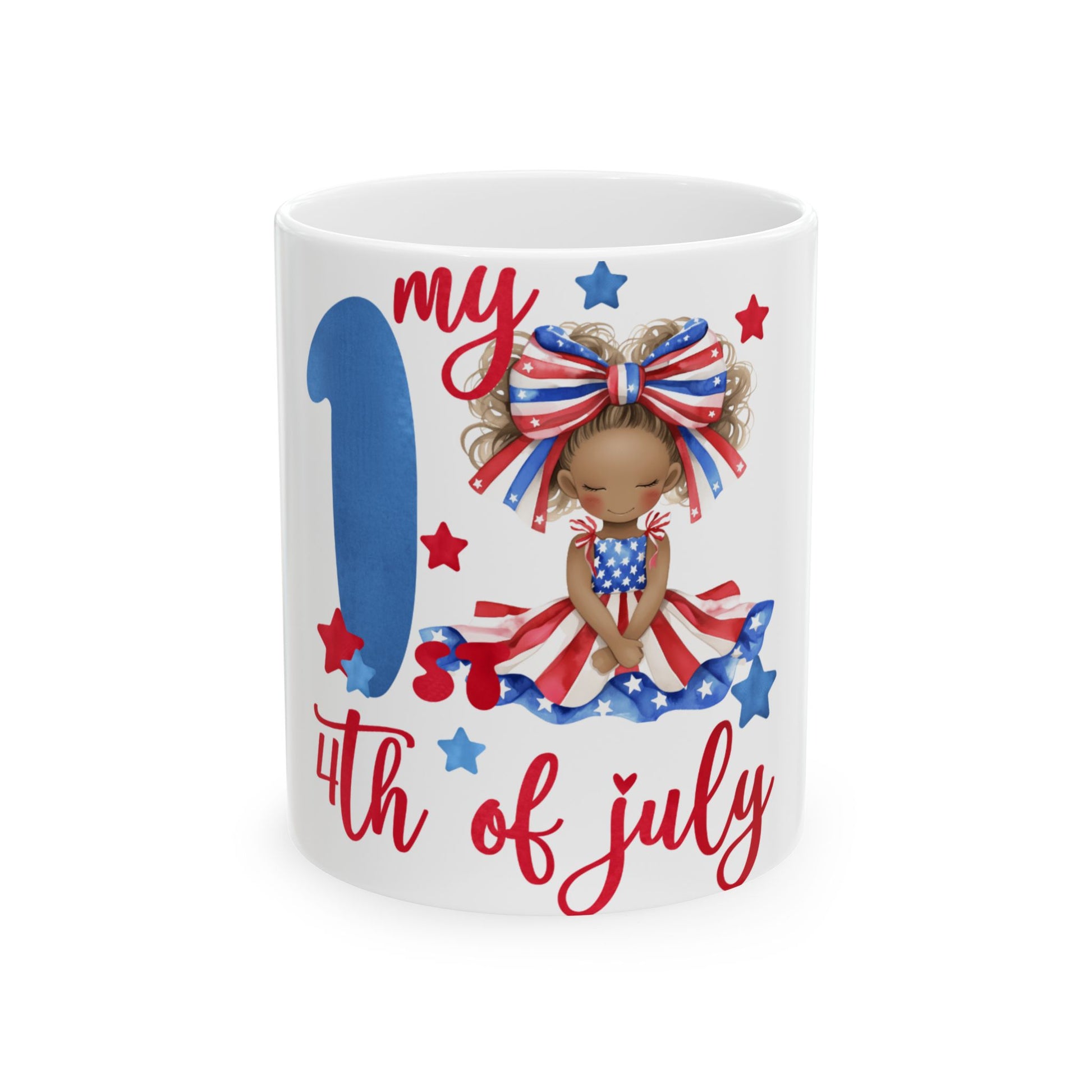 Girl in patriotic dress with "my 1st 4th of July" text.