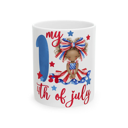 Girl in patriotic dress with "my 1st 4th of July" text.
