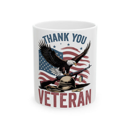 American flag with eagle, helmet, and rifle above "Thank You Veteran" text.