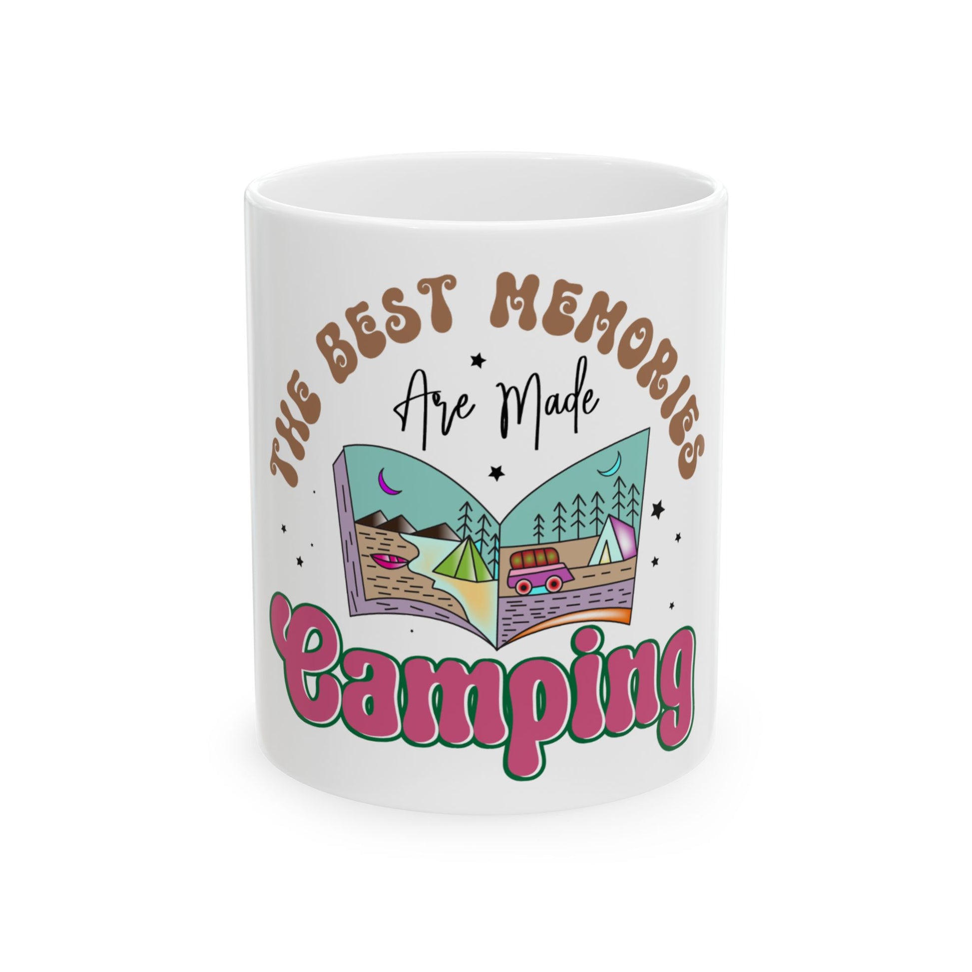 White mug with "The Best Memories Are Made Camping" text and camping illustrations.