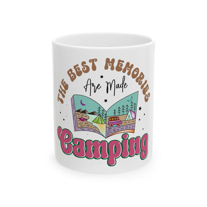 White mug with "The Best Memories Are Made Camping" text and camping illustrations.