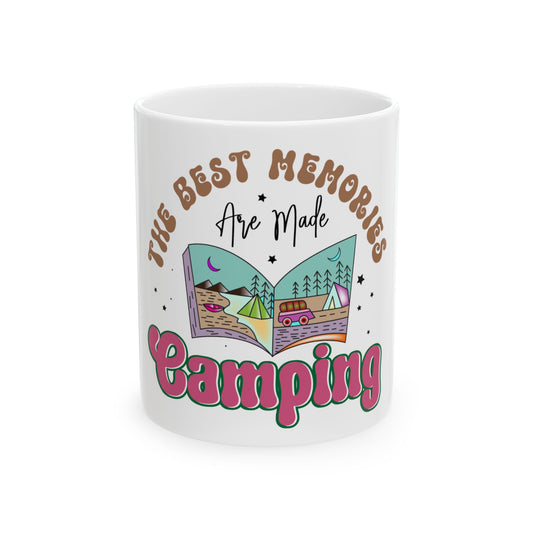 White mug with "The Best Memories Are Made Camping" text and camping illustrations.