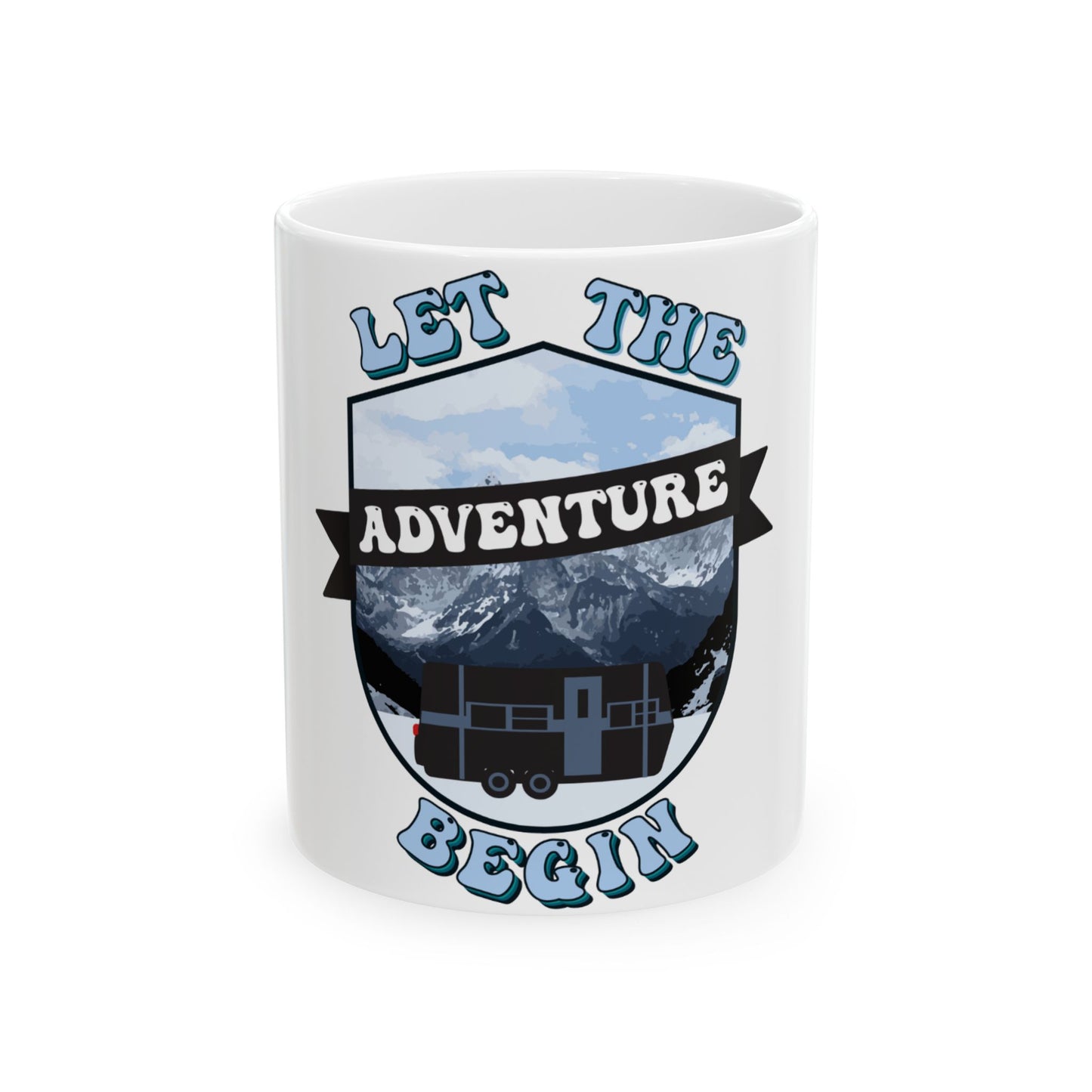 Mug with "LET THE ADVENTURE BEGIN" text and a mountain camping scene.