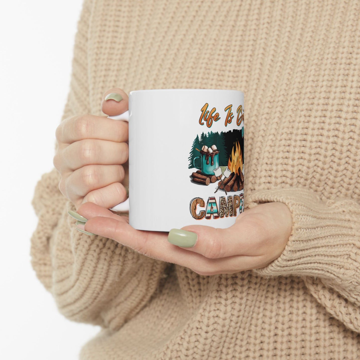 White mug with campfire and "Life is Better a Camper" text.
