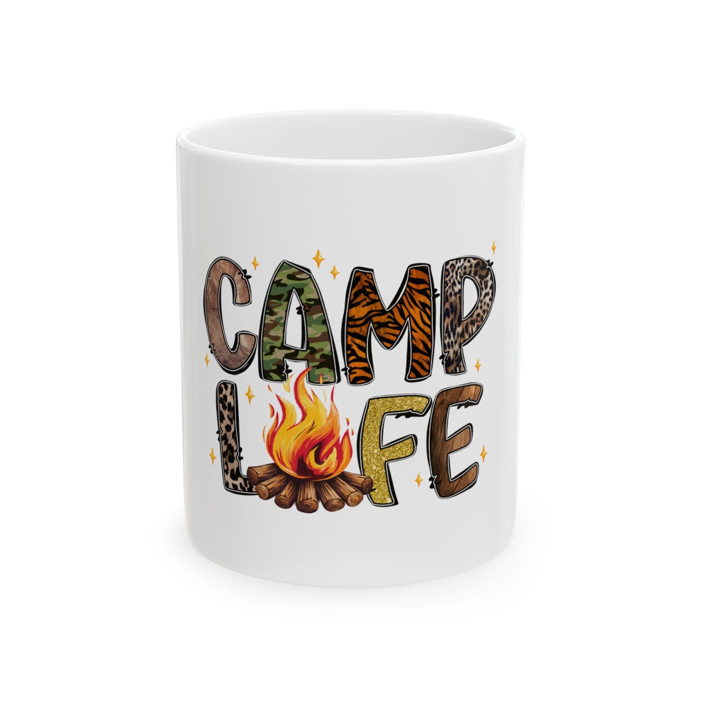 White mug with "Camp Life" text featuring animal print and camouflage designs.