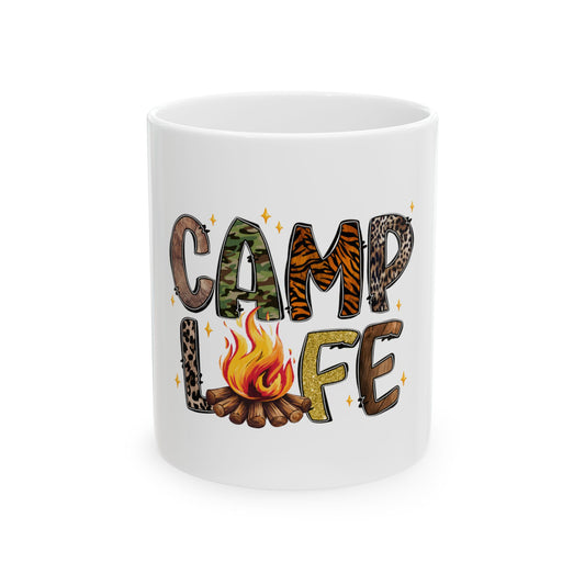 White mug with "Camp Life" text featuring animal print and camouflage designs.