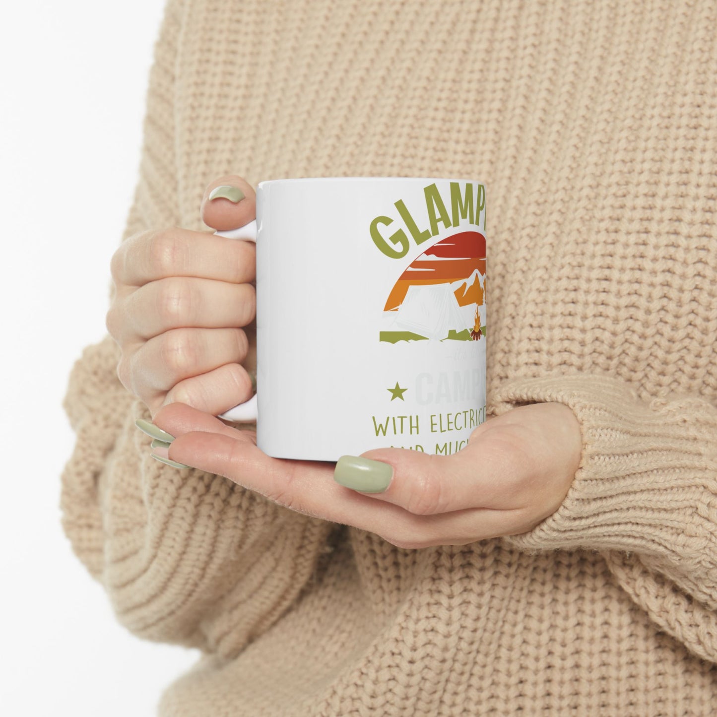 White mug with "Glamping Camp with Electric Mugs" text and mountain scene.