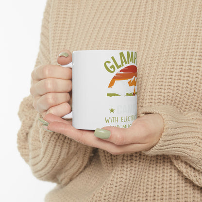 White mug with "Glamping Camp with Electric Mugs" text and mountain scene.