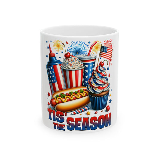 Mug with patriotic hot dog, cupcake, drinks, and fireworks.