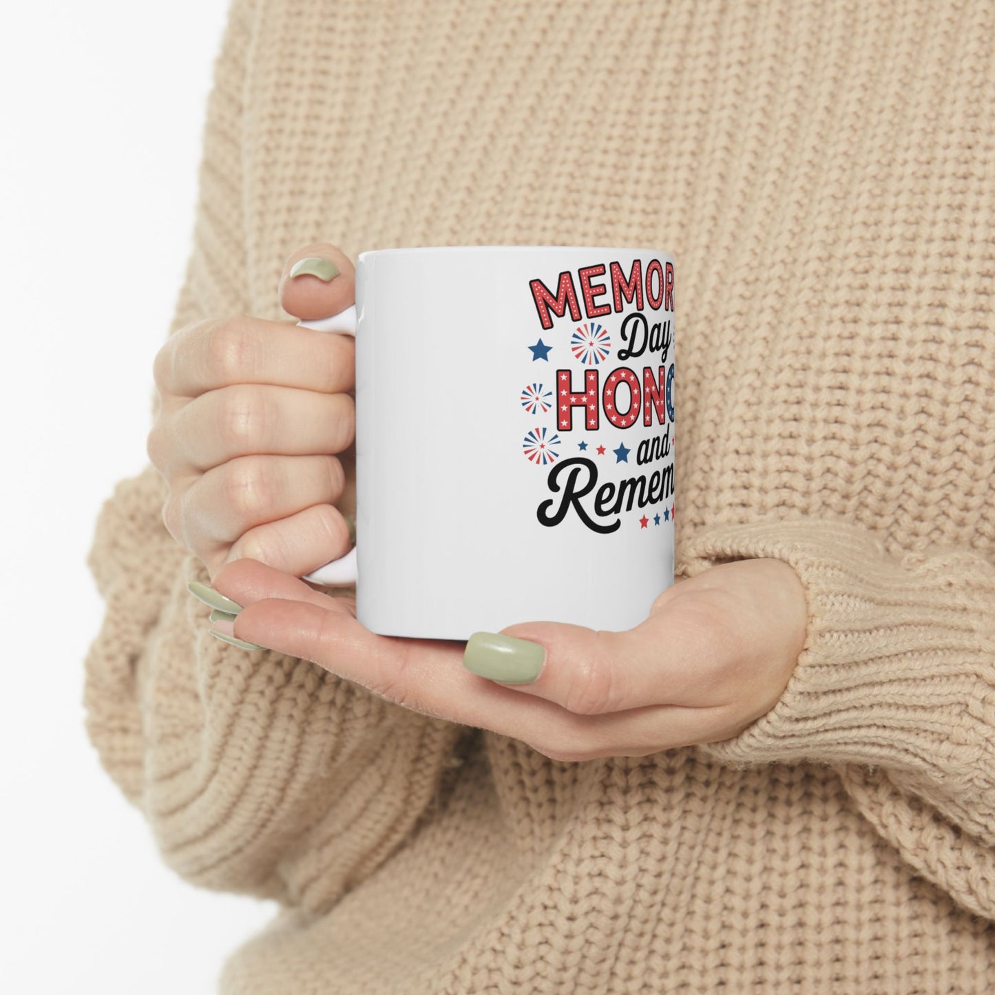 White mug with "Memorial Day Honor and Remember" text and stars.