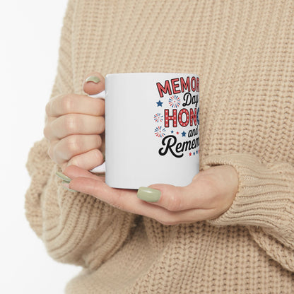 White mug with "Memorial Day Honor and Remember" text and stars.