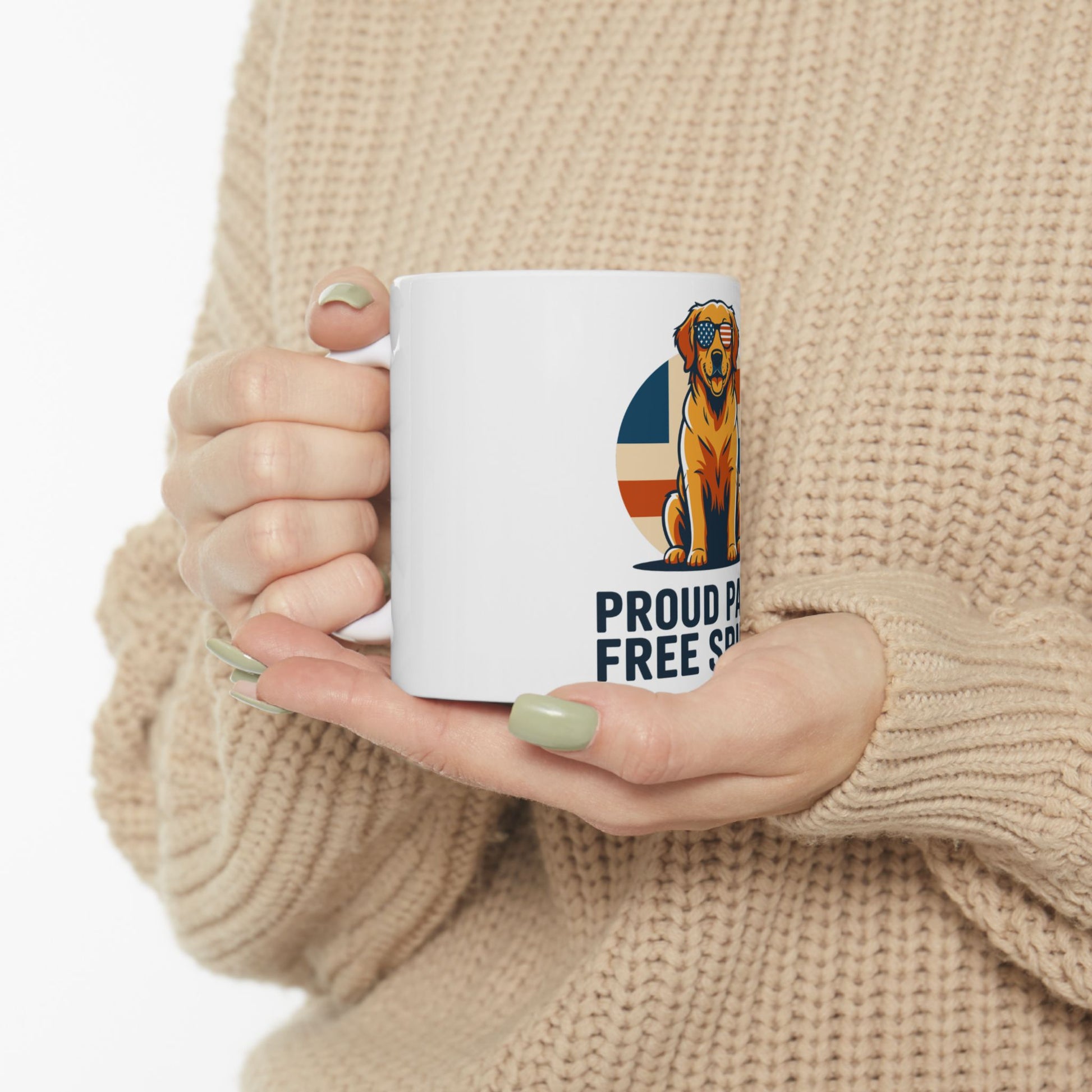 White mug with patriotic dog and "Proud Papa" text.