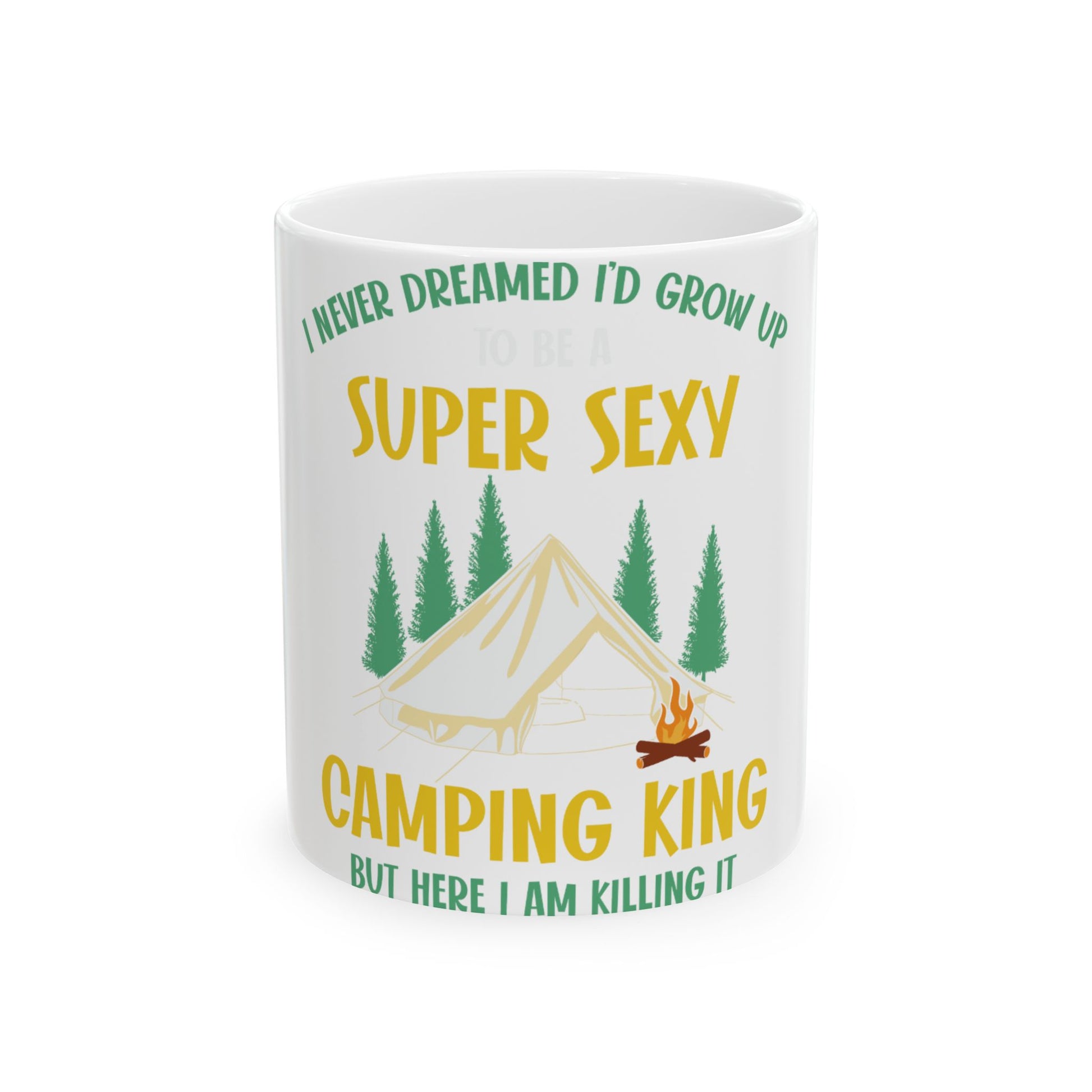 White mug with text "Camping King" and humorous phrases about being sexy.
