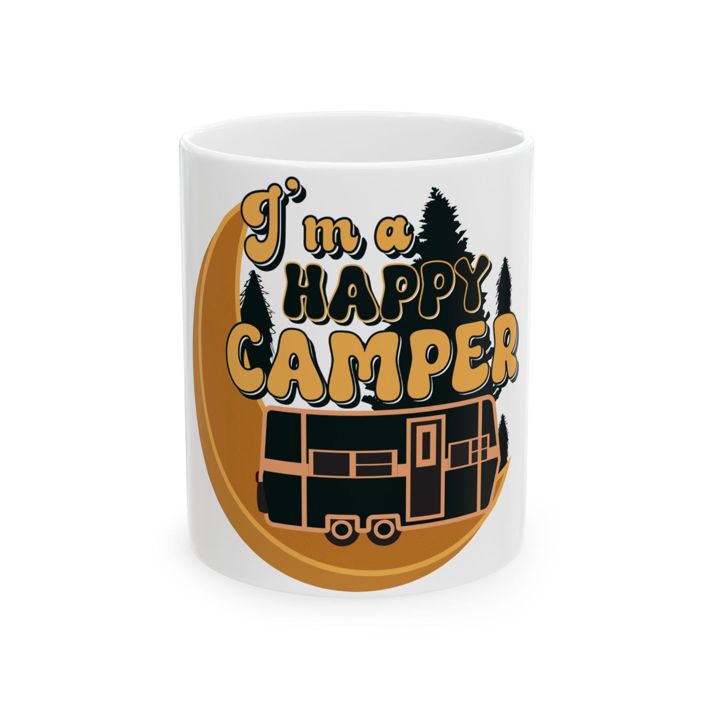 Mug with "I'm a Happy Camper" text and a stylized camper and trees.