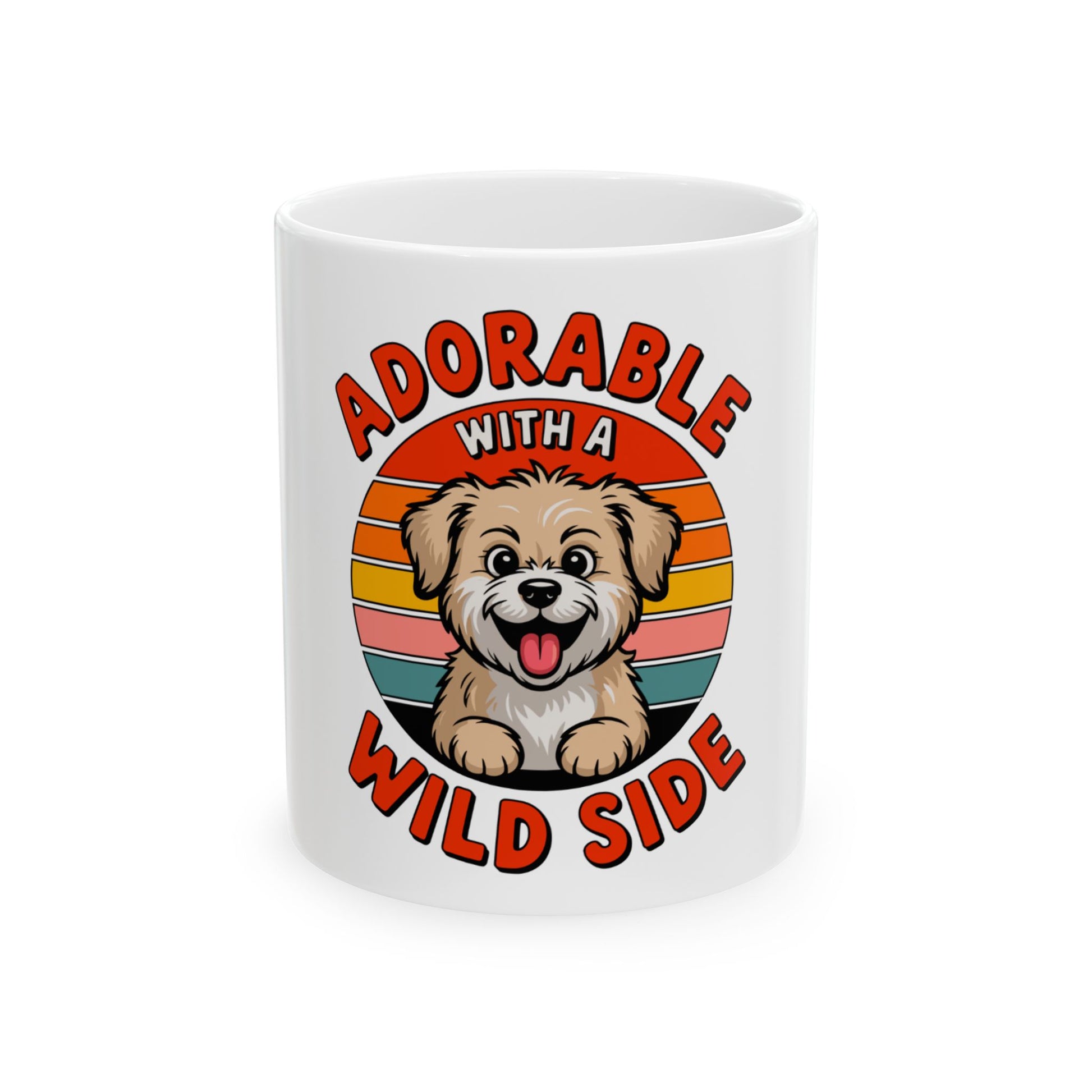 Mug with cartoon dog and text "ADORABLE WITH A WILD SIDE".