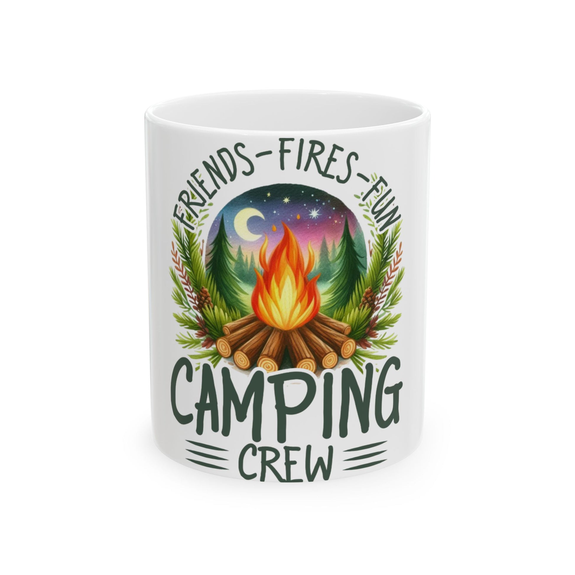 Mug with "Friends Fires Fun Camping Crew" text around a campfire illustration.