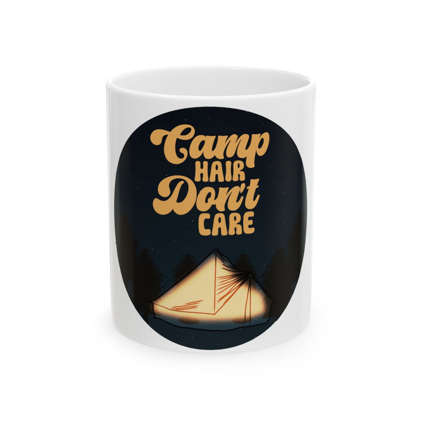 White mug with "Camp Hair Don't Care" text and illuminated tent graphic.