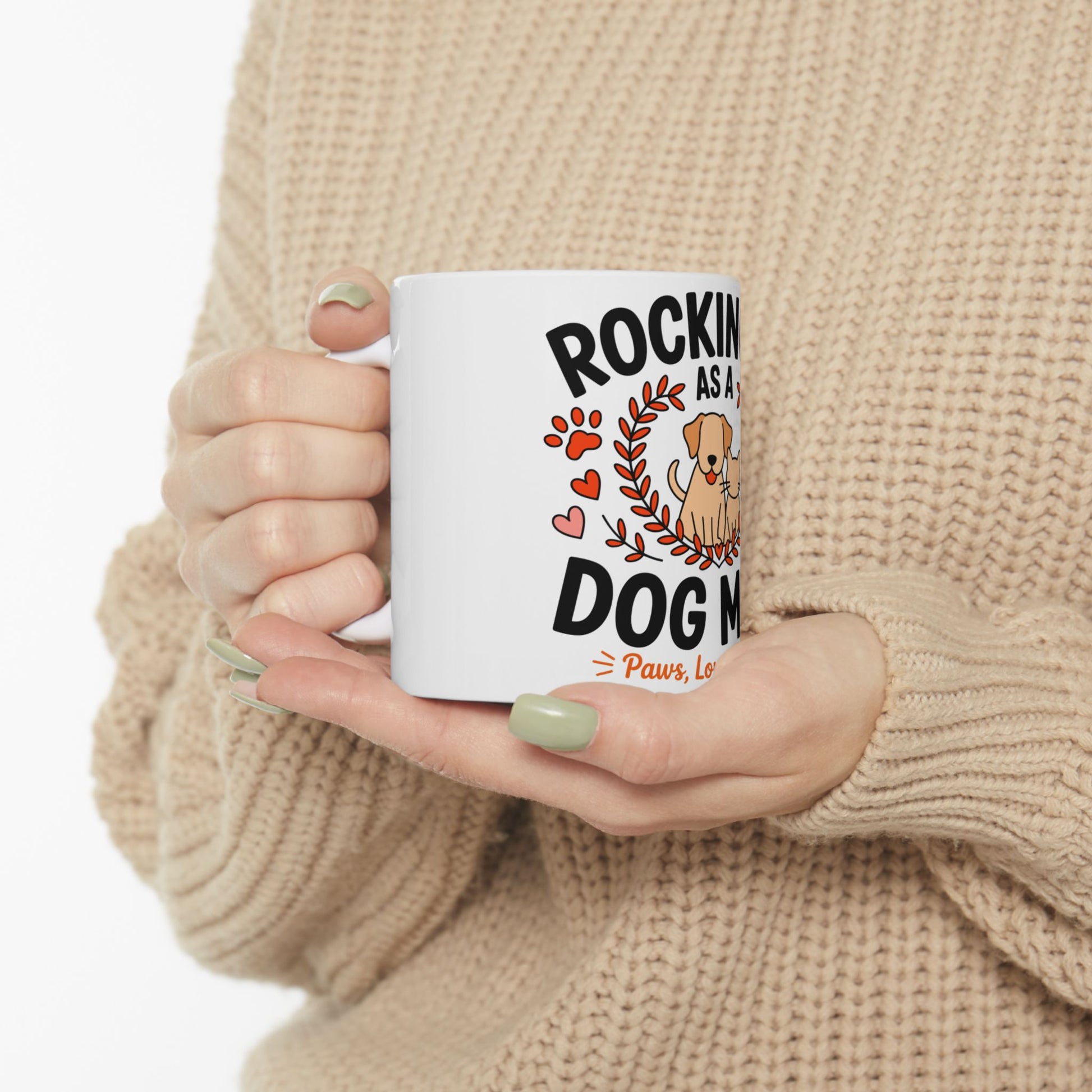 White mug with "Rockin' as a Dog Mom" text and dog illustration.