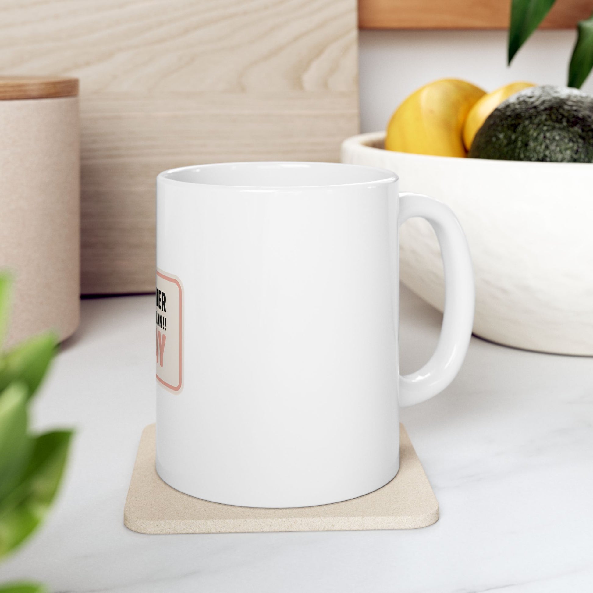 White mug with "Better Together!!" text on a coaster.