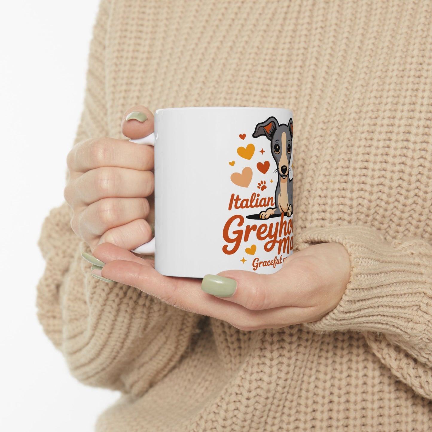 Mug with Italian Greyhound graphic and text "Italian Greyhound mom".