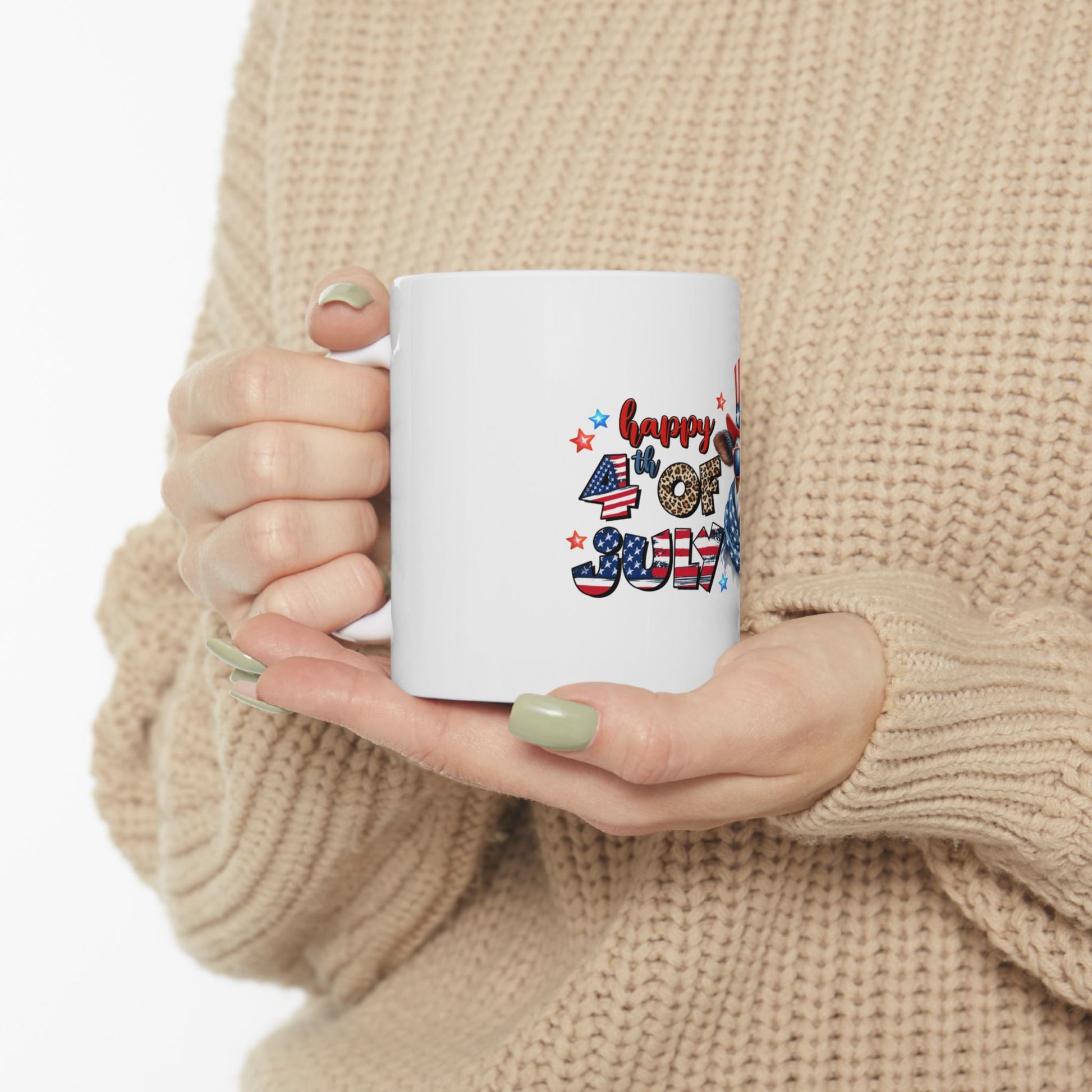 White mug with "Happy 4th of July" text and patriotic graphics.