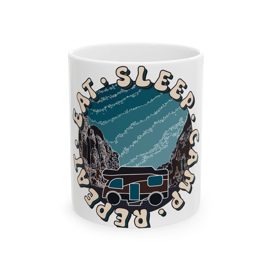 Mug with "Eat. Sleep. Camp. Repeat." text and RV in starry mountain landscape.