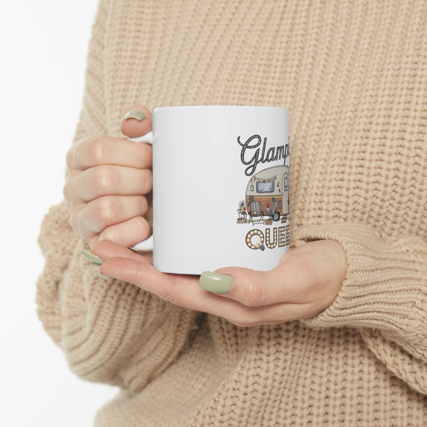 White mug with "Glamping Queen" text and camper illustration.