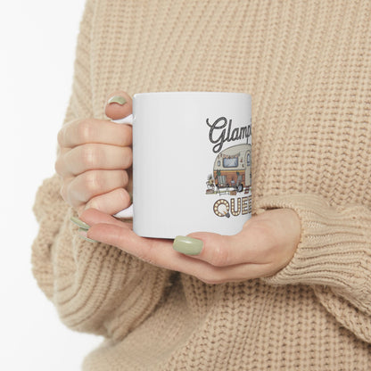 White mug with "Glamping Queen" text and camper illustration.
