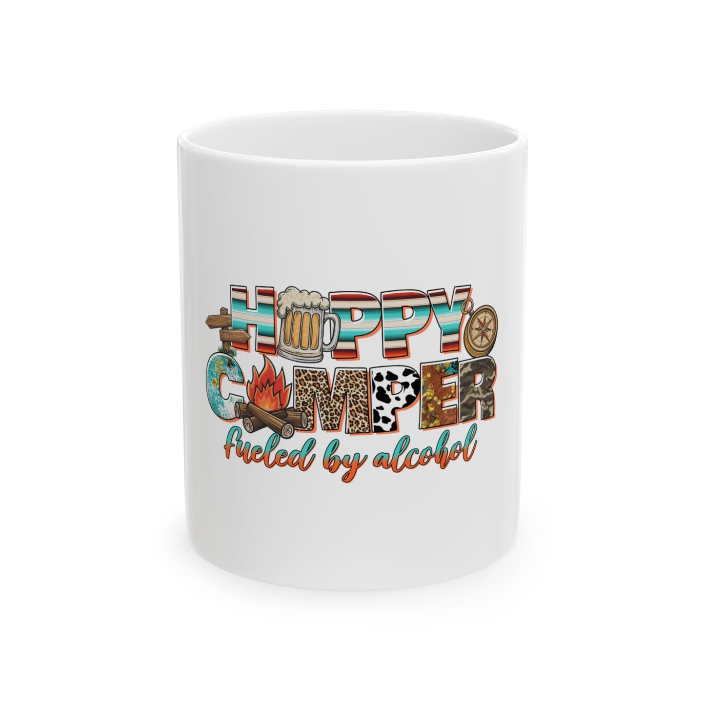 White mug with "Hopping Camper Fueled by Alcohol" text and camping graphics.