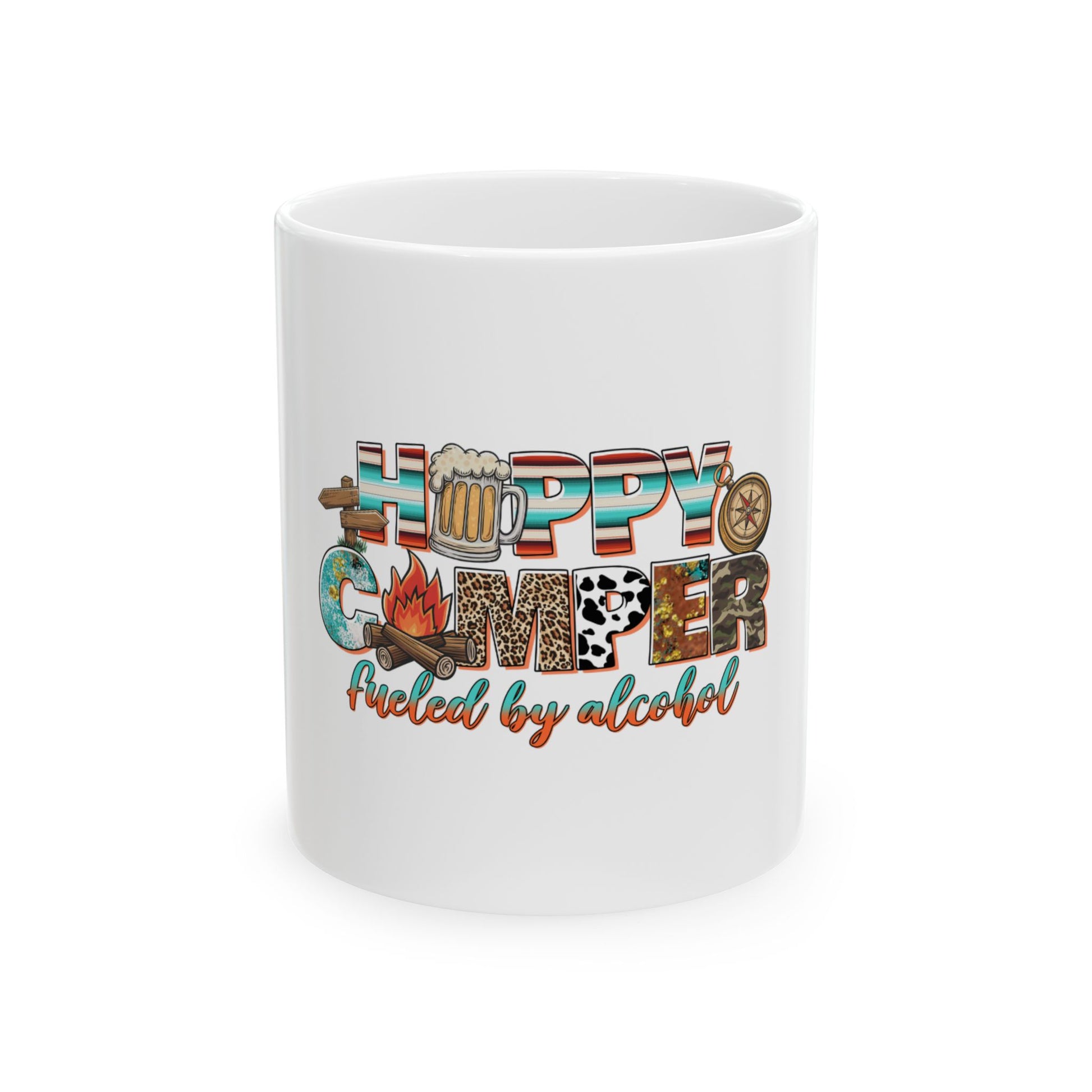 White mug with "Hopping Camper Fueled by Alcohol" text and camping graphics.