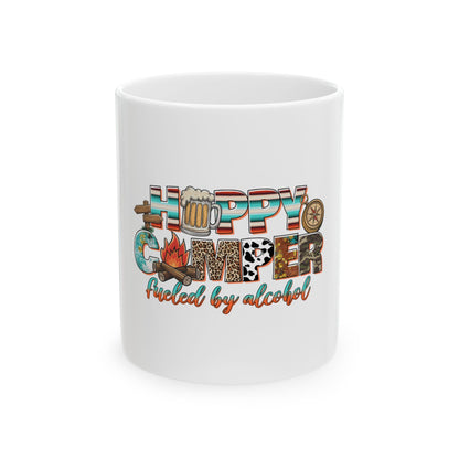 White mug with "Hopping Camper Fueled by Alcohol" text and camping graphics.