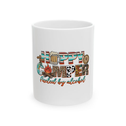 White mug with "Hopping Camper Fueled by Alcohol" text and camping graphics.