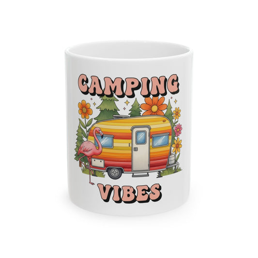 Retro camper van and flamingo illustration with "Camping Vibes" text.