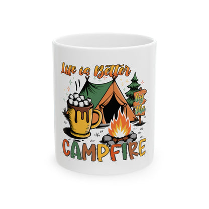 Mug with "Life is Better by the Campfire" text and camping illustration.