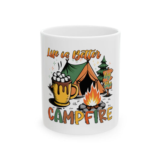 Mug with "Life is Better by the Campfire" text and camping illustration.