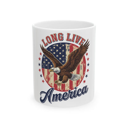 Eagle with outstretched wings over US flag, "Long Live America".