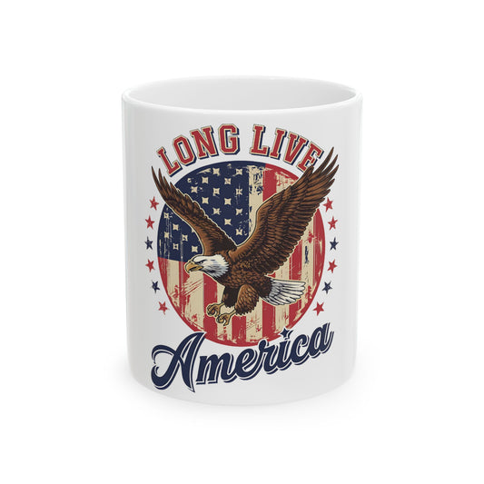 Eagle with outstretched wings over US flag, "Long Live America".