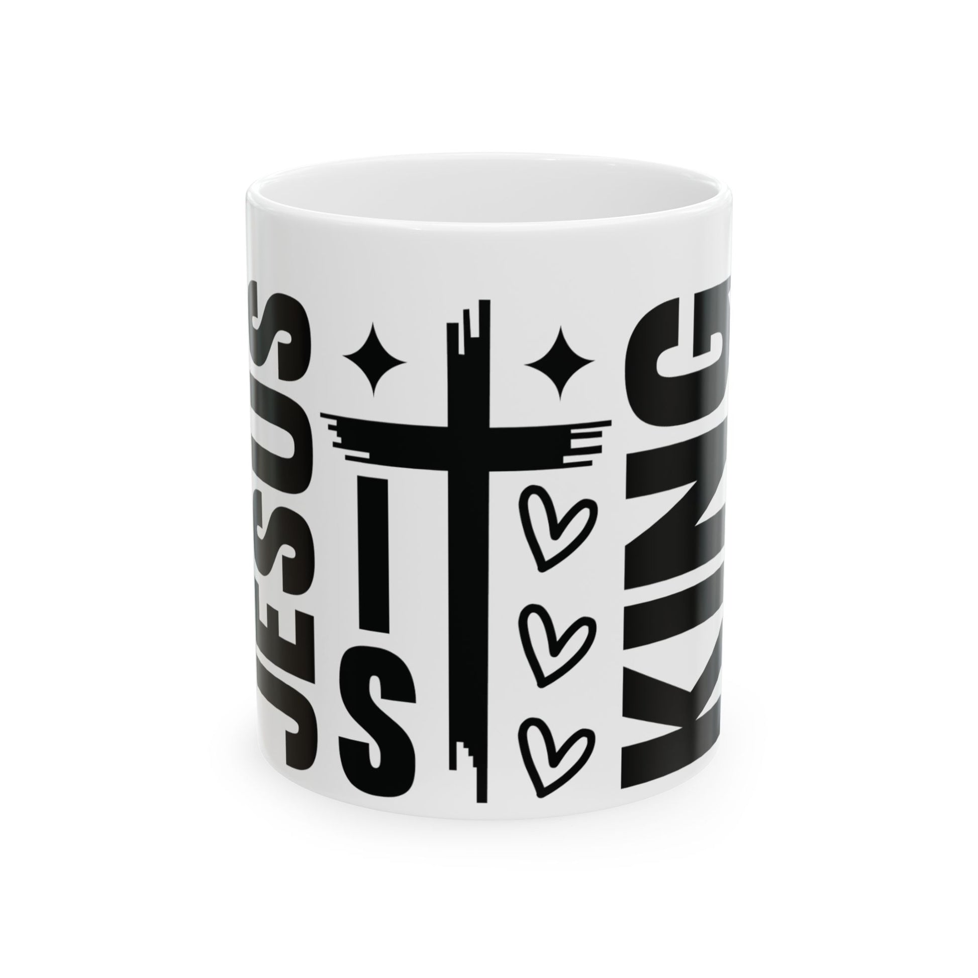 White mug with "Jesus King" text and a cross graphic.