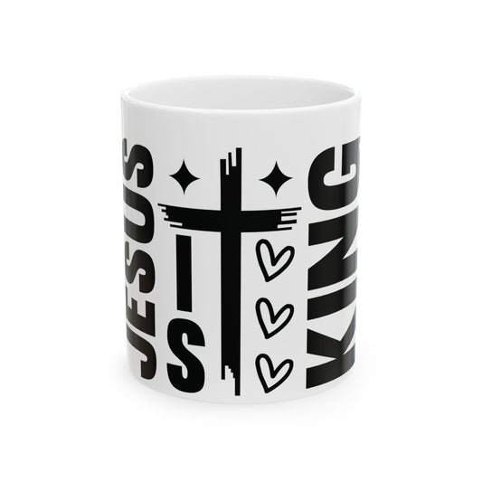 White mug with "Jesus King" text and a cross graphic.