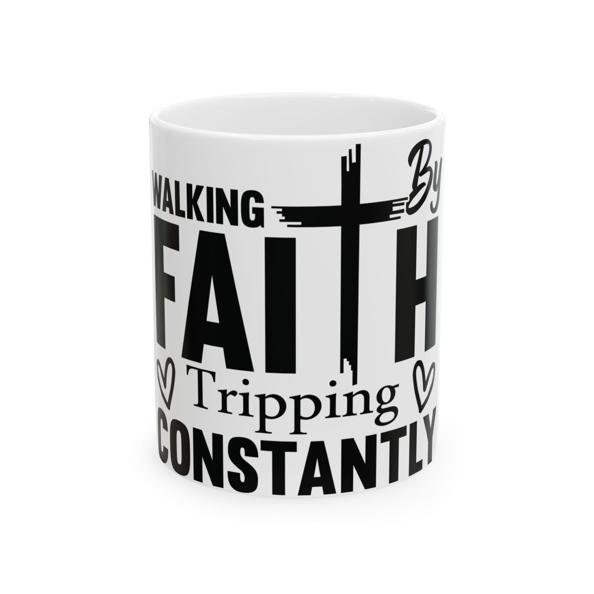 White mug with "WALKING BY FAITH" and "Tripping CONSTANTLY" text.